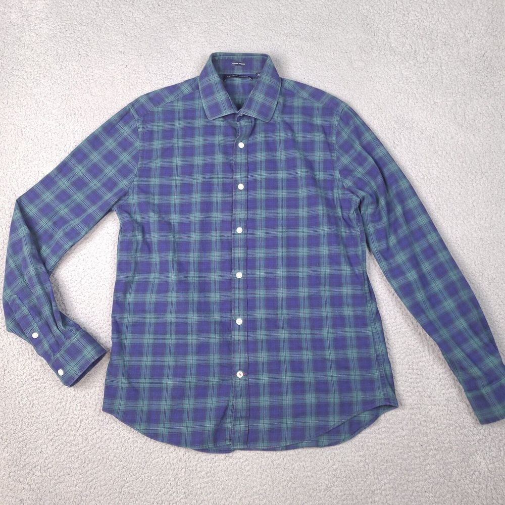 Tommy Hilfiger Shirt Mens Large Blue Green Tartan Plaid Slim Fit Long Sleeve